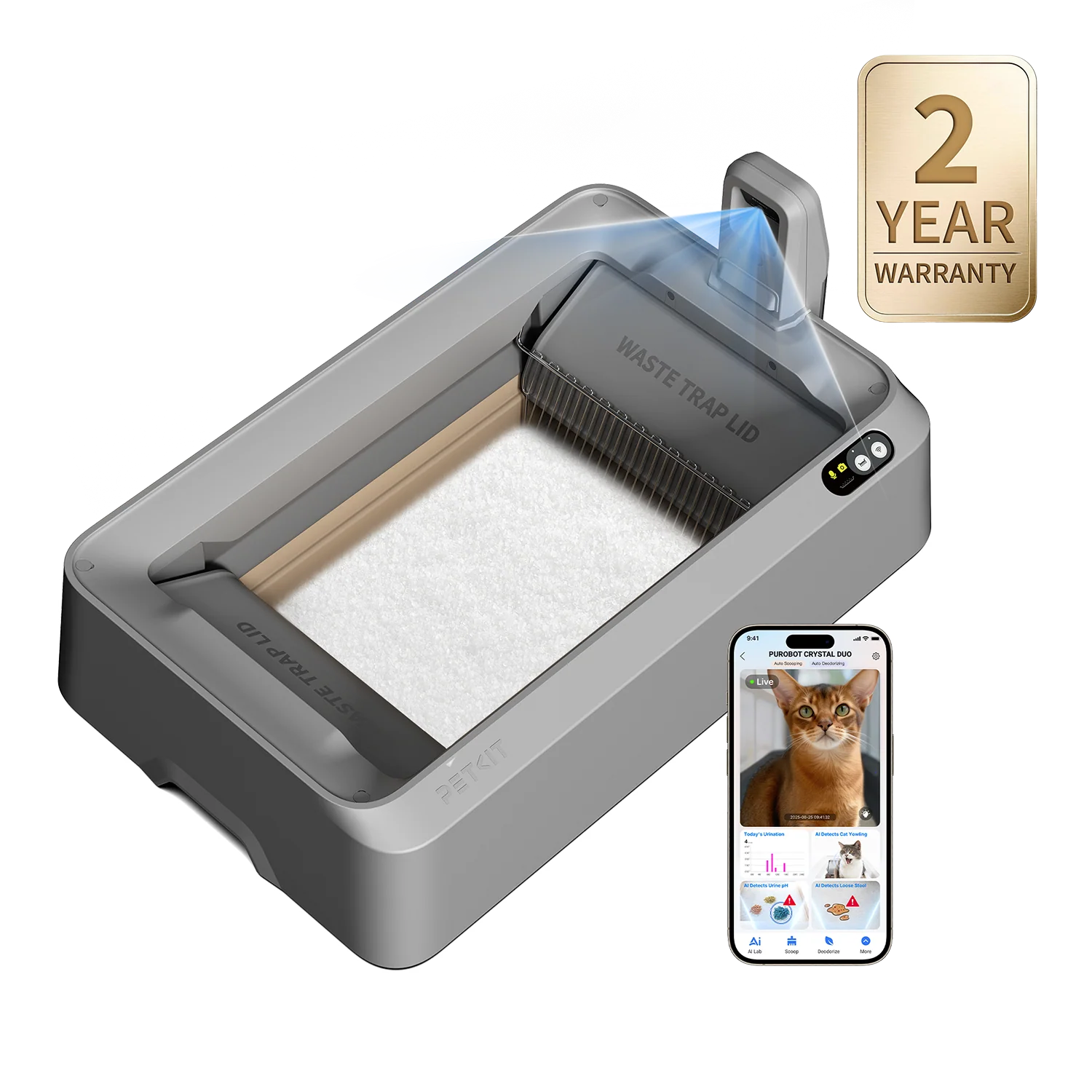 Purobot Crystal Duo Automatic Cat Litter Box with Camera (Gray)